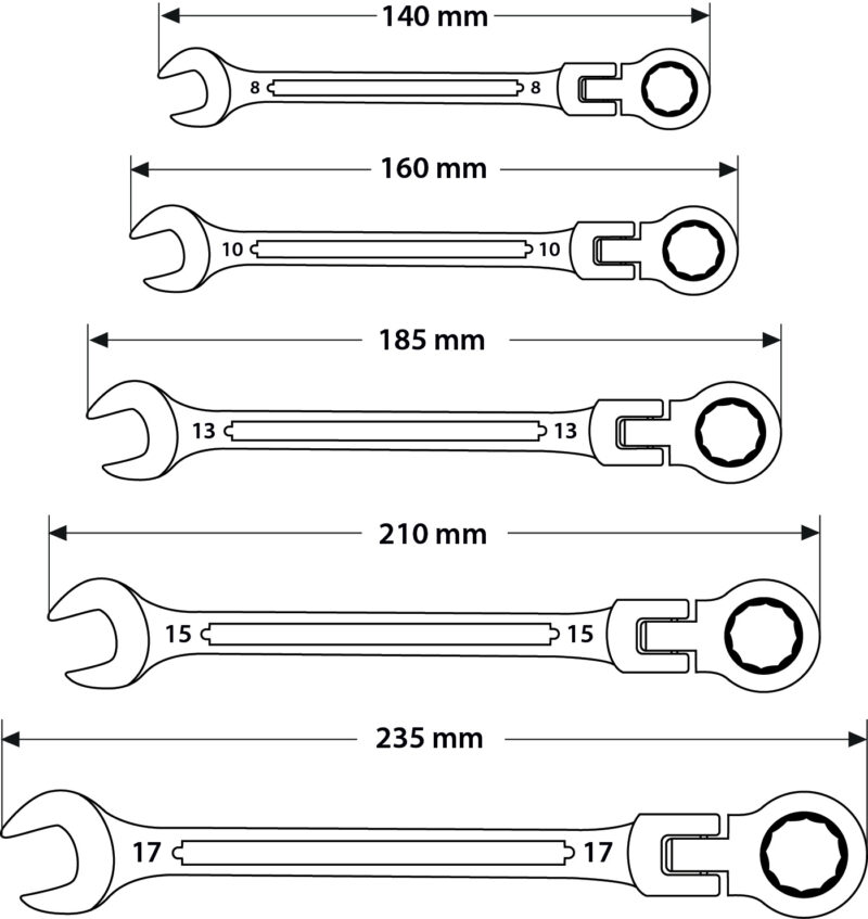 Klucze płasko-oczkowe łamane z grzechotką 8-17 mm 5 sztuk - obrazek 7