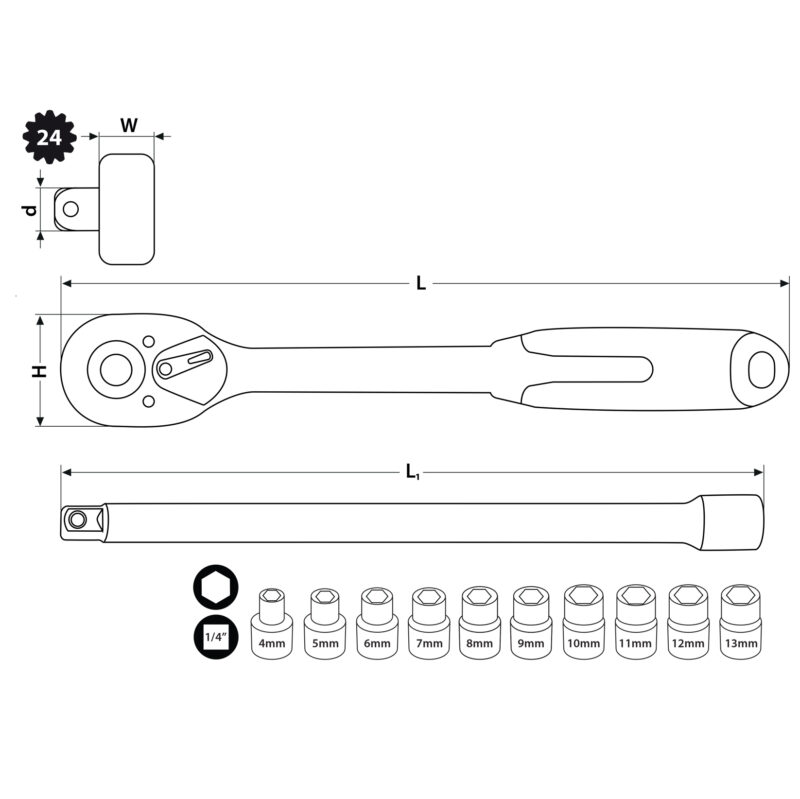 Klucze nasadowe + grzechotka 1/4" 12 elementów CRV - obrazek 8