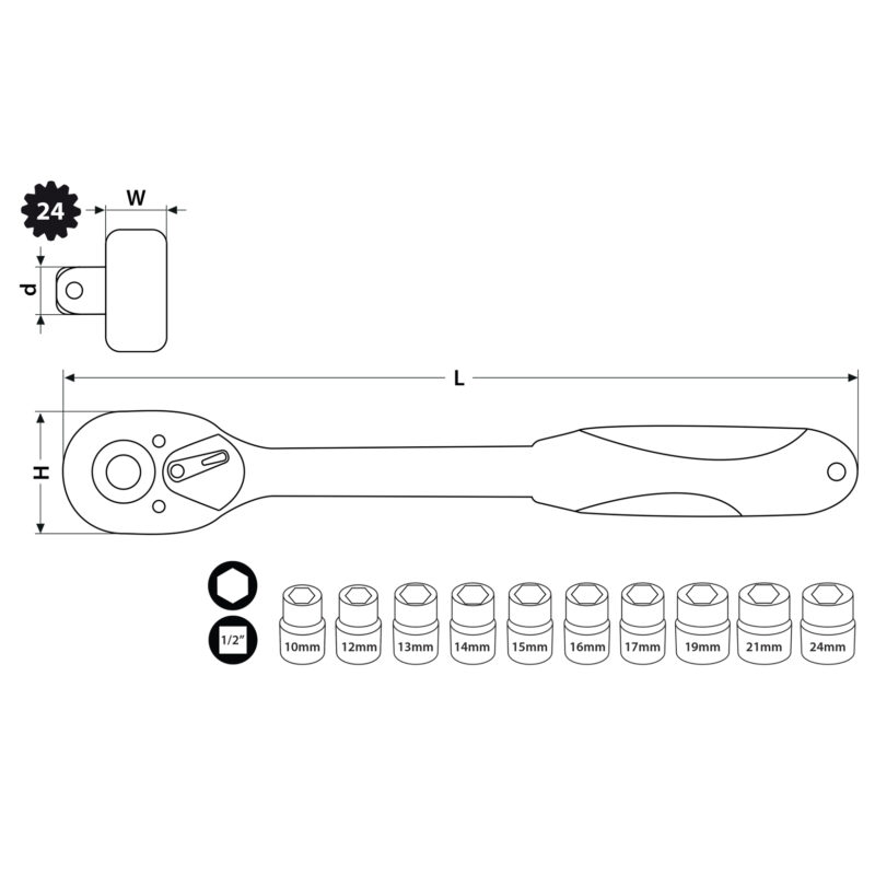 Klucze nasadowe + grzechotka 1/2" 11 elementów CRV - obrazek 5