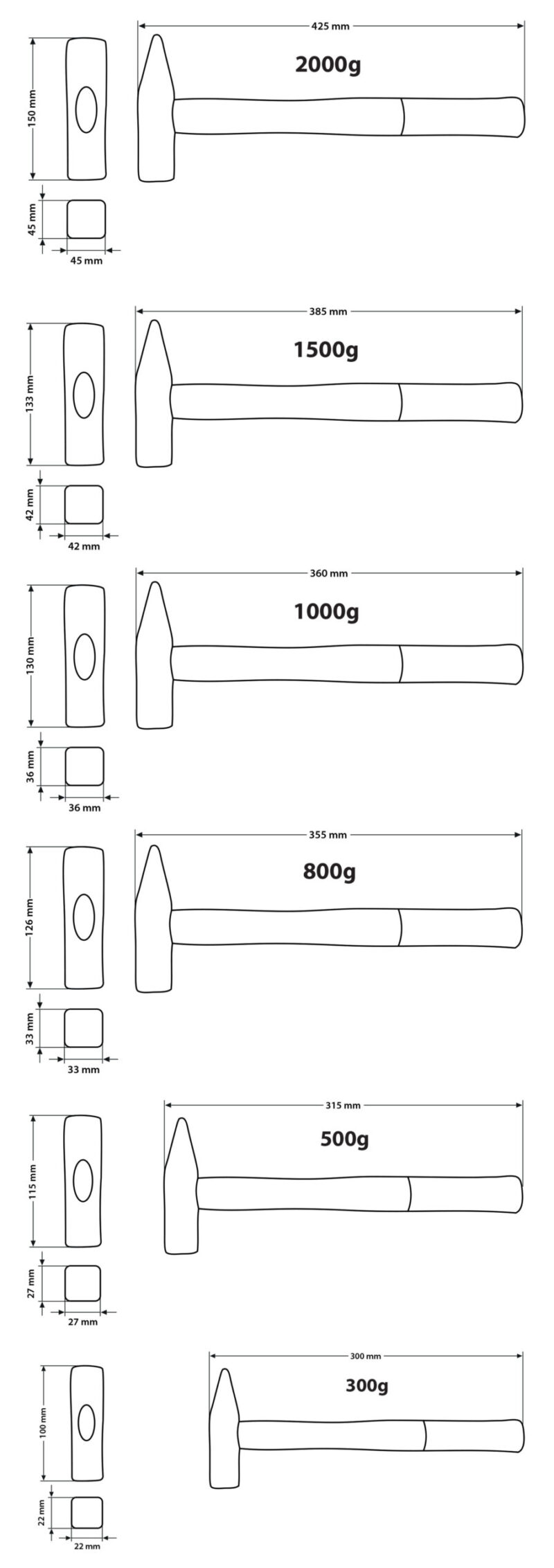 Zestaw młotków ślusarskich 6 szt. 300–2000 g, trzonek drewniany - obrazek 8