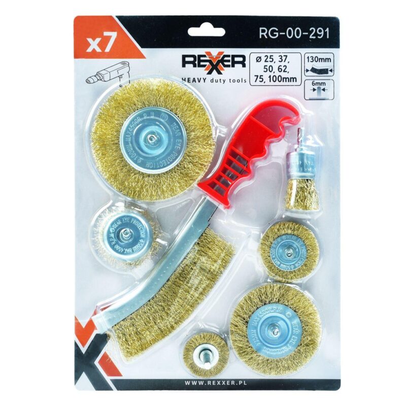 Zestaw szczotek stalowych płasko-doczołowych z trzpieniem (drut karbowany) 25-100 mm (7 elementów) - obrazek 9