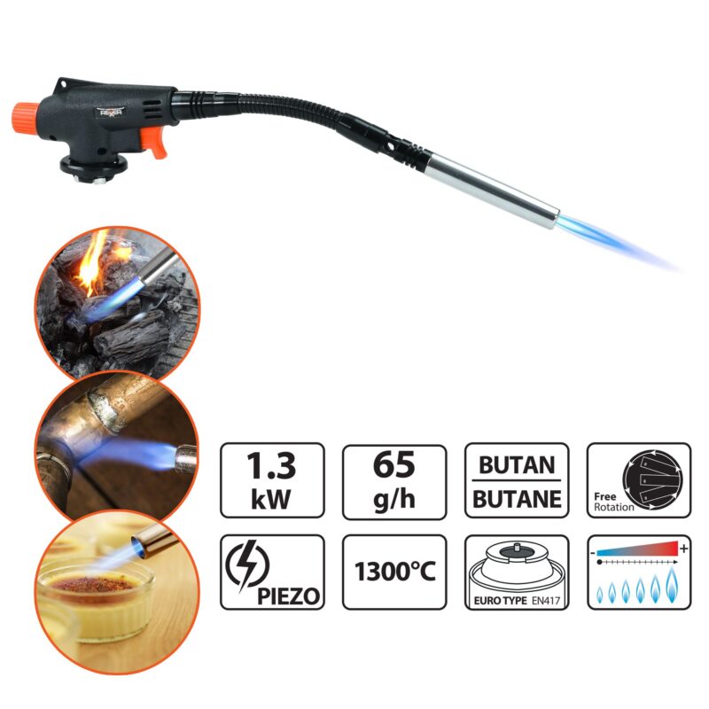 Palnik gazowy z zapłonem piezoelektrycznym 1300 W, elastyczna dysza + kartusz z gazem butan 220 g (6 sztuk) - obrazek 13