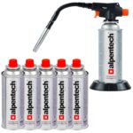 Palnik gazowy z zapłonem piezoelektrycznym 1300 W, elastyczna dysza + kartusz z gazem butan 220 g (6 sztuk)